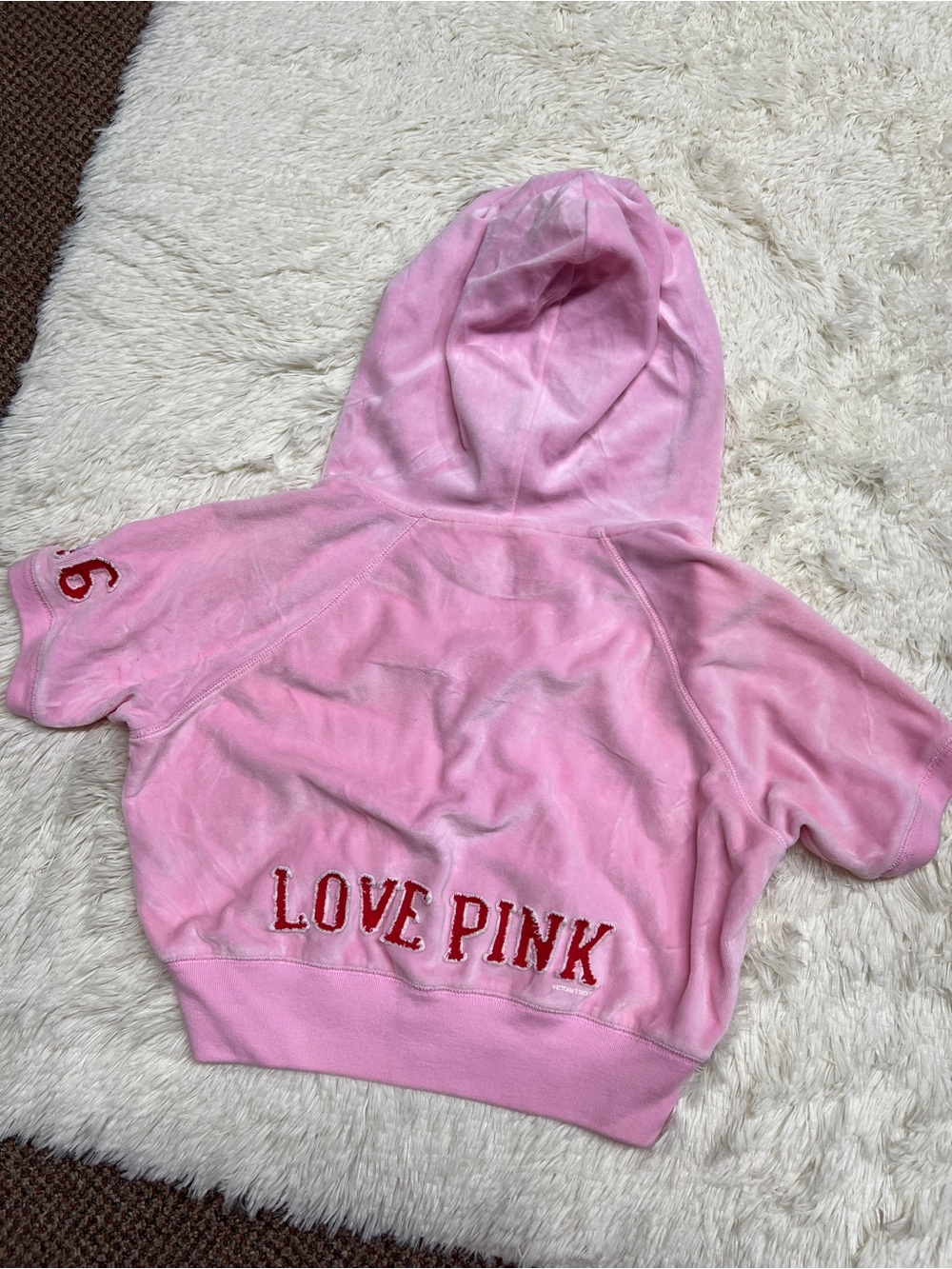 PINK Victoria's Secret Pink Short-Sleeve Hooded Full Zip Jacket Y2K Vintage - Picture 9 of 11